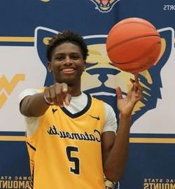 a picture of a student posing with a basketball spinning atop his finger and pointing at the camera